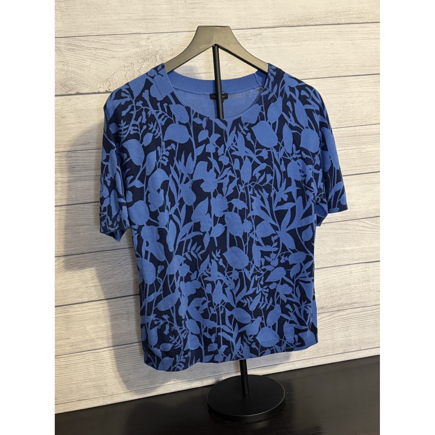 Talbots Women's Blue Floral Short Sleeve Sweater M Cotton Rayon Blend Vgc